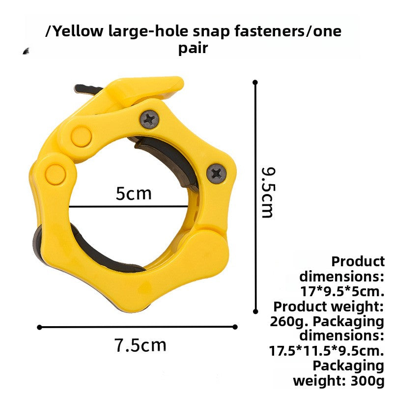 Yellow large hole barbell collar with a lever, 5 cm bore, 7.5 by 9.5 cm, 260 g size chart