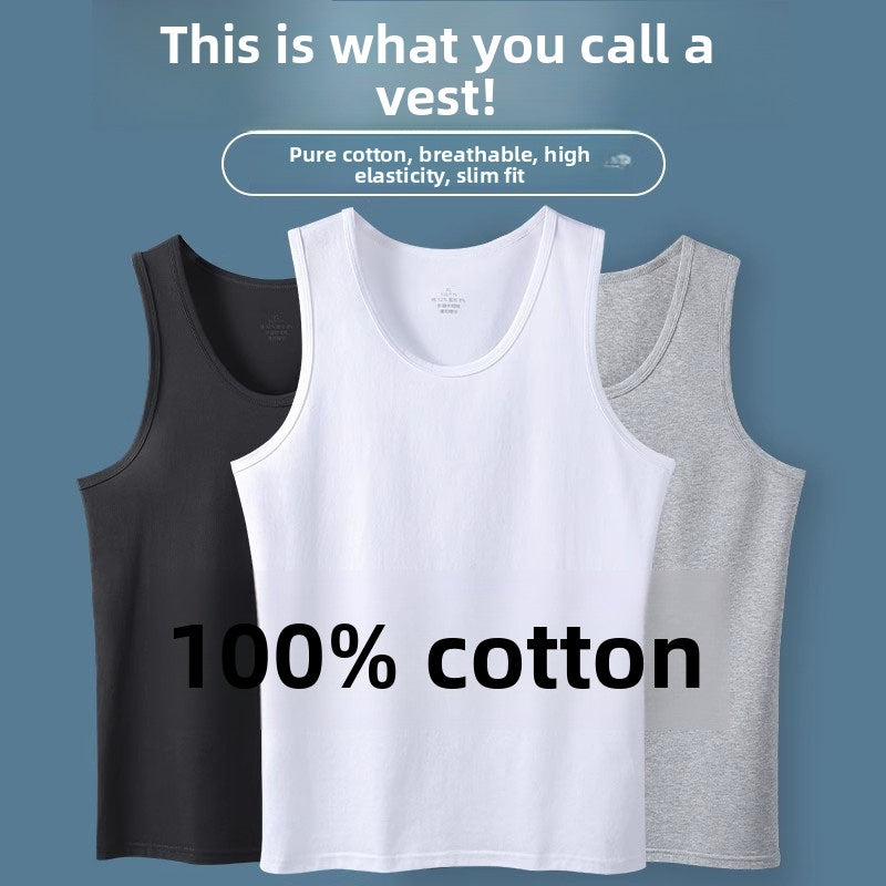 Black, white and grey men's cotton sleeveless vests shown together
