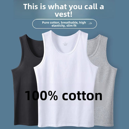 Black, white and grey men's cotton sleeveless vests shown together