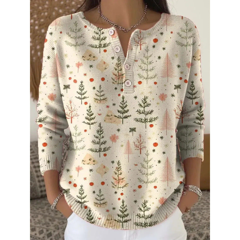 Festive knit Henley top close view of the notch button neckline