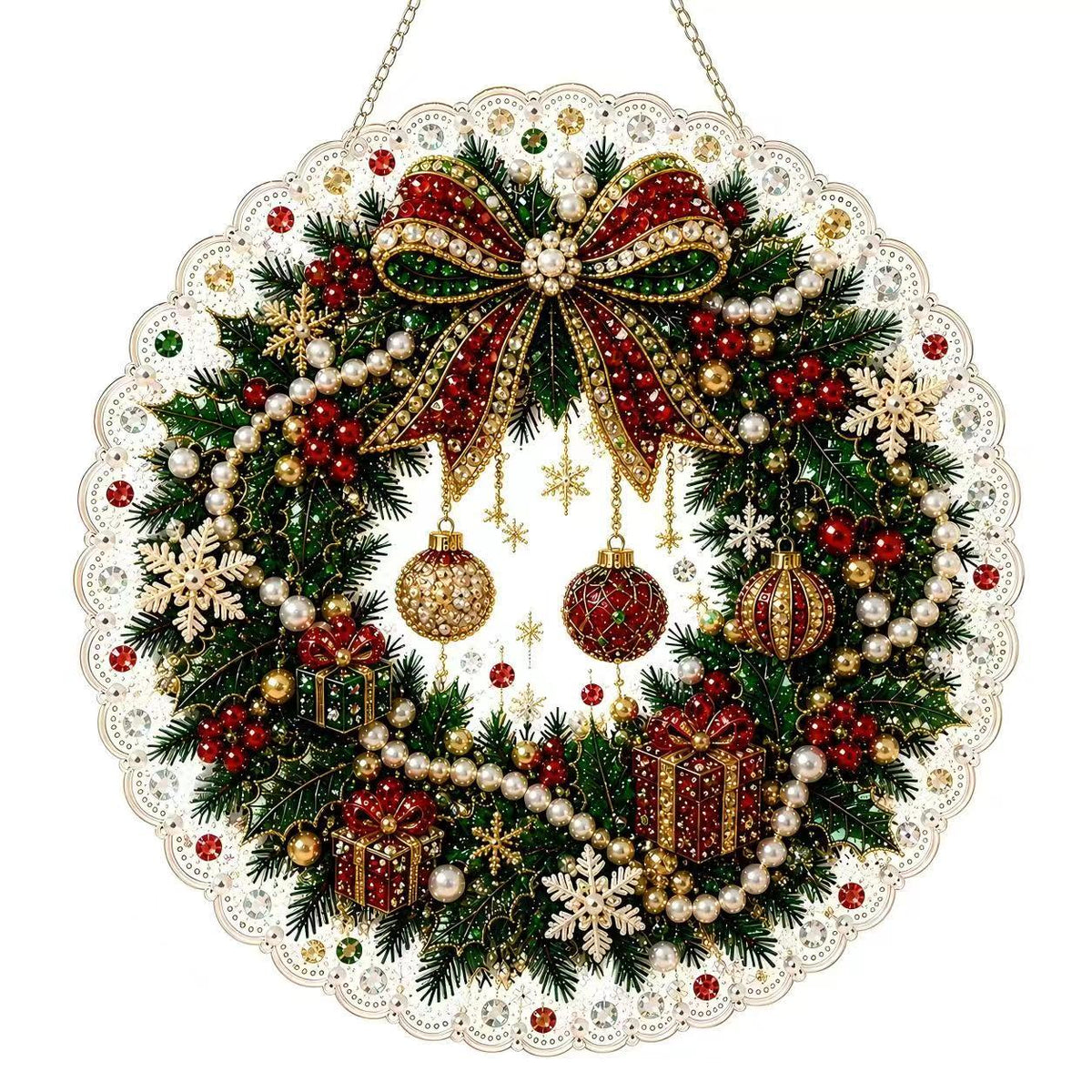Clear acrylic Christmas door hanger with a hanging cord at the top