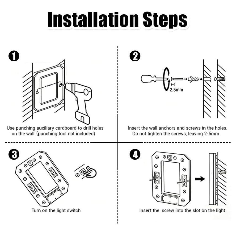 Installation steps for the solar house number showing drilling, wall anchors, the switch and mounting