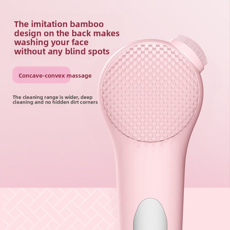Pink sonic face brush back with checkerboard silicone massage surface and nose tip