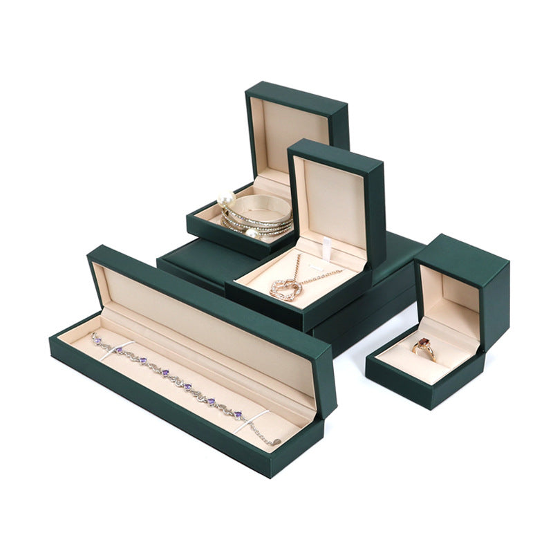 Malachite green jewelry box group with a long chain box and open pendant and ring boxes, pendant box option