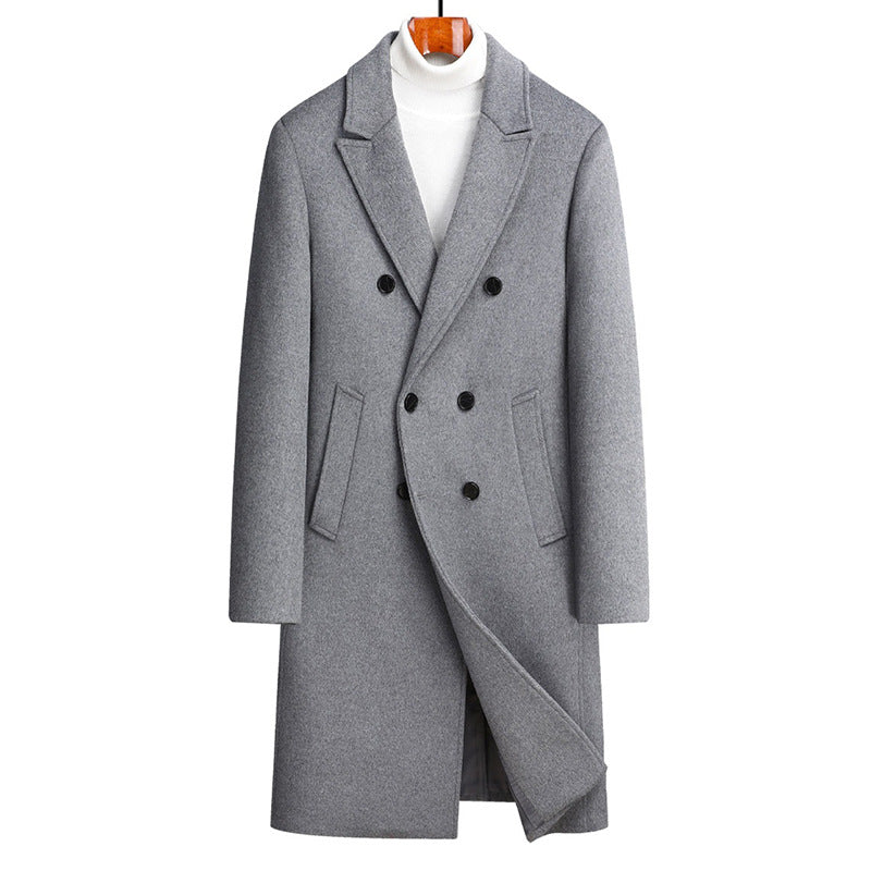 Gray mid-length double breasted wool blend coat on a hanger, option photo for XXXL | US 46 / EU 56