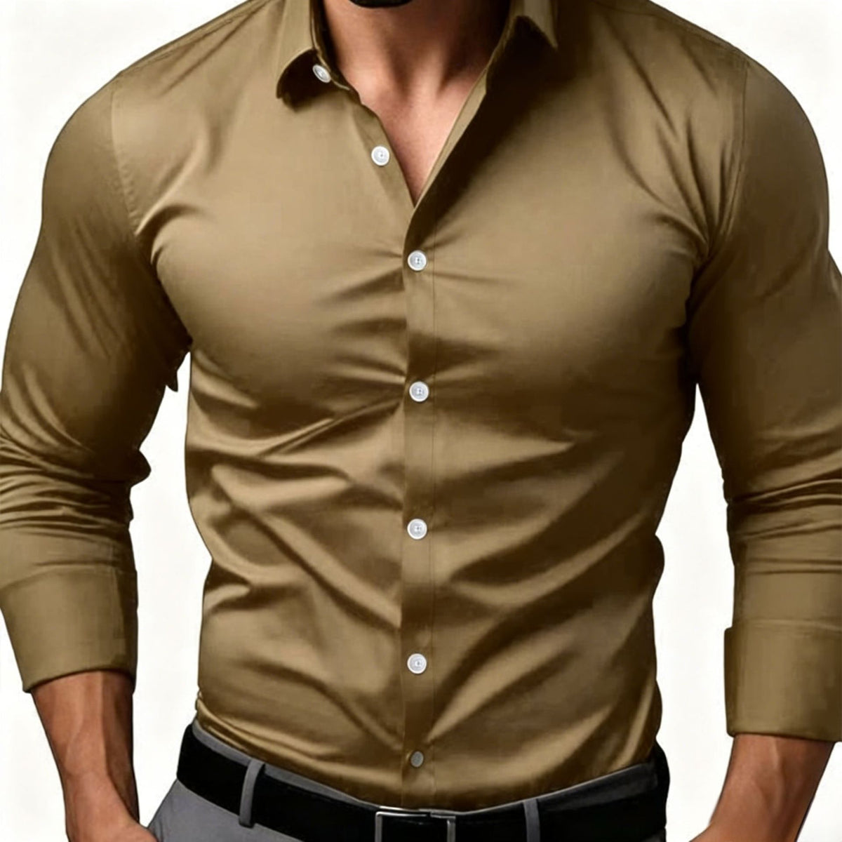 Mens long sleeve dress shirt in a smooth solid color, slim tailored cut, tucked with a belt