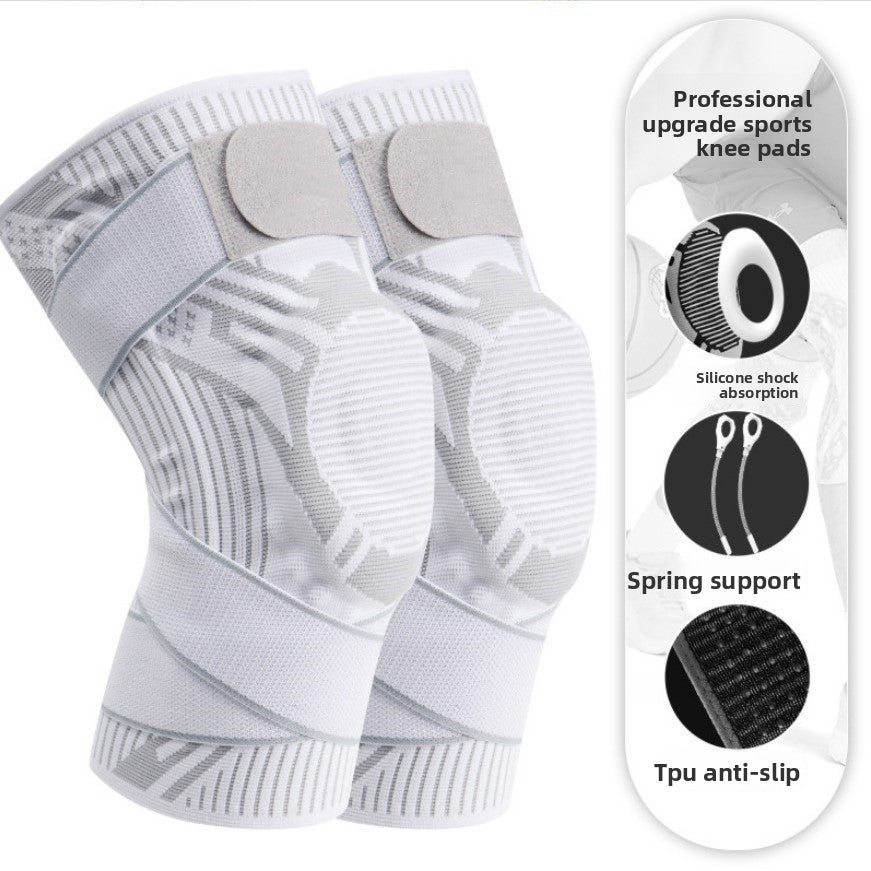 Sports knee brace with reinforced padded kneecap panel and adjustable support strap