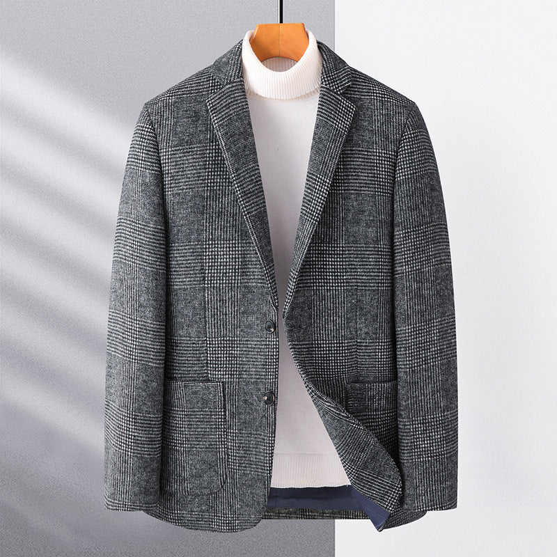 Mens checkered wool blend two button blazer in grey, front view on hanger