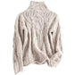 Apricot cream cable knit high neck sweater for women, braided cables and open stitch, relaxed loose drop shoulder