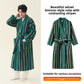 Dark green striped fleece robe on a model, next to the robe laid flat with its belt tied