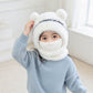 Child wearing a white fluffy knit bear ear balaclava hood with the neck tube pulled up, Kids White variant