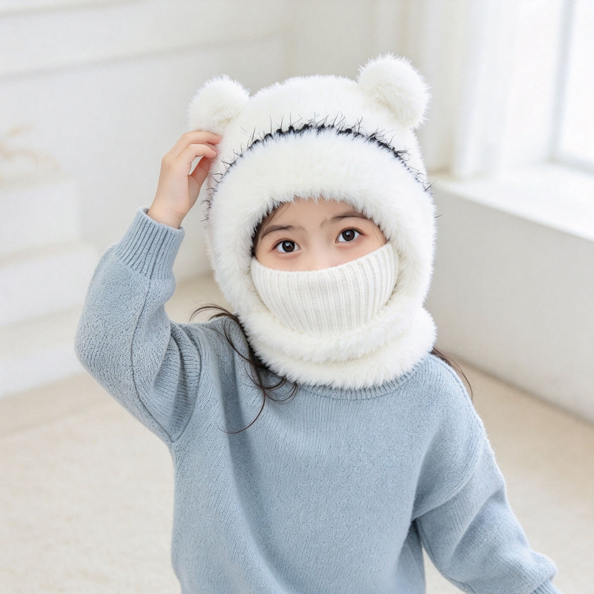 Child wearing a white fluffy knit bear ear balaclava hood with the neck tube pulled up, Kids White variant