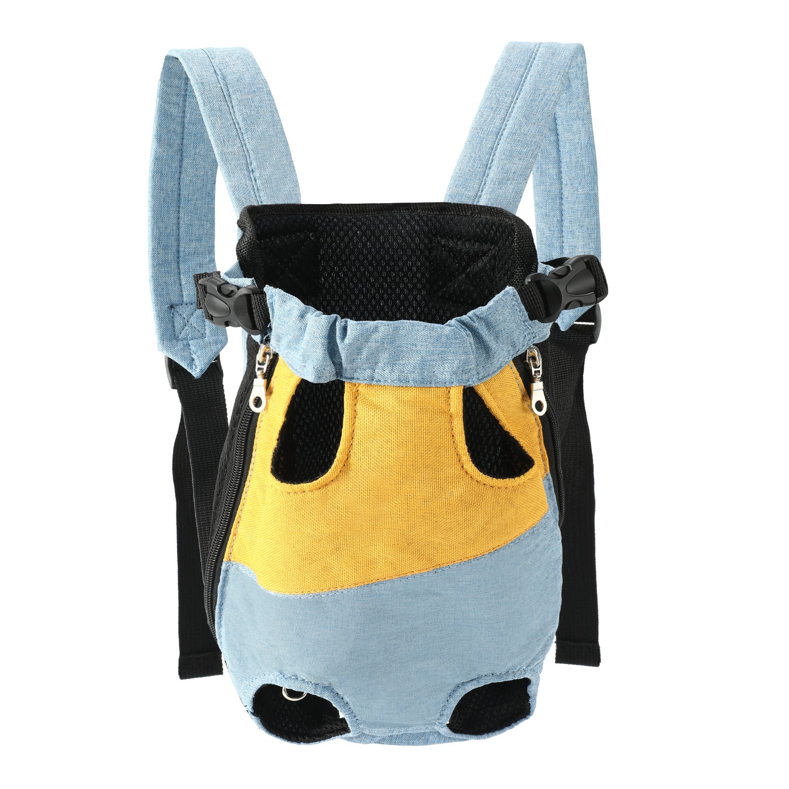 Repeat catalogue view of the light denim blue and yellow canvas pet carrier backpack