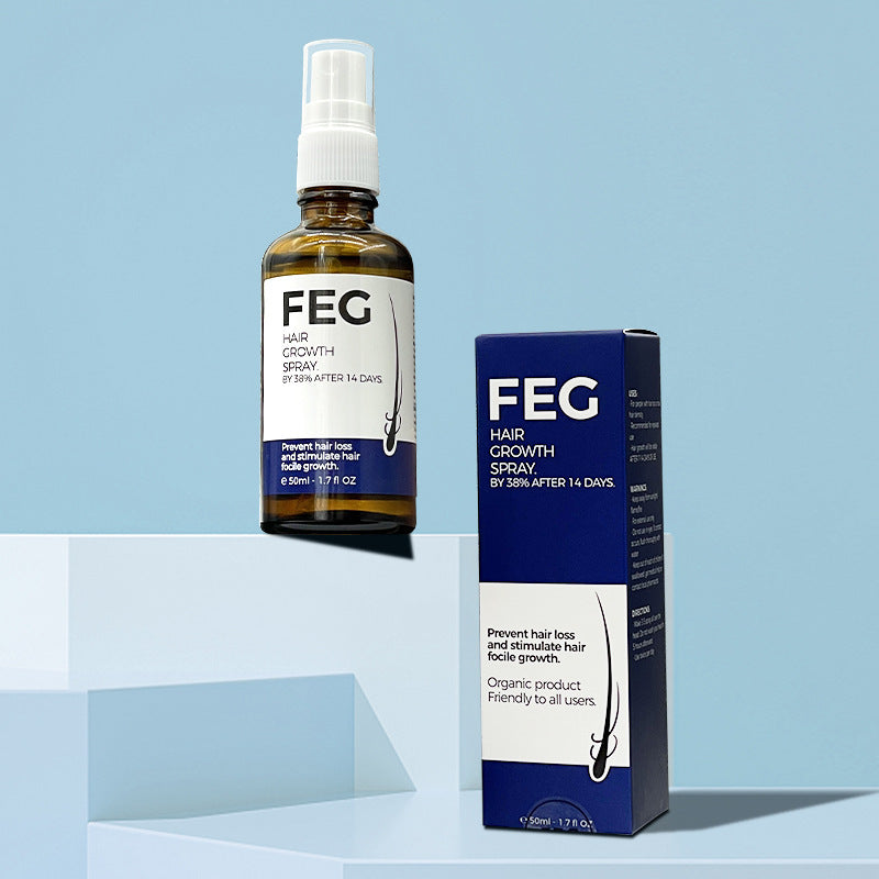 Amber FEG spray bottle floating above a pale blue step beside a navy FEG box