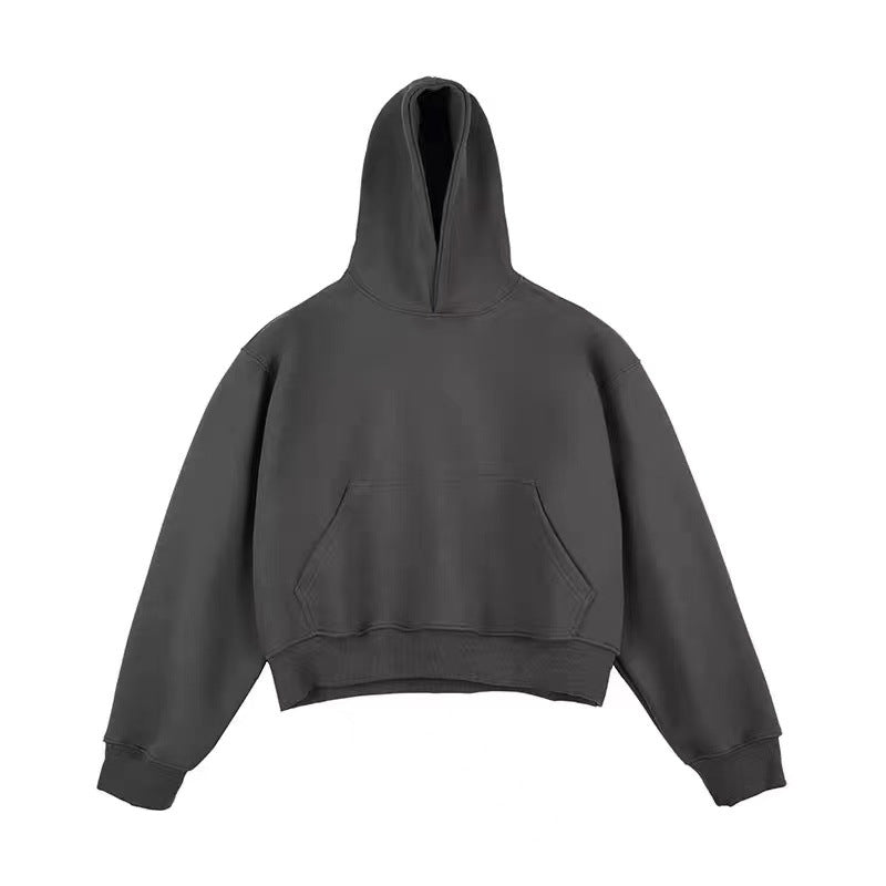 Dark gray pullover hoodie with front pouch pocket flat on white, option Dark Gray Fleece Style, size XL