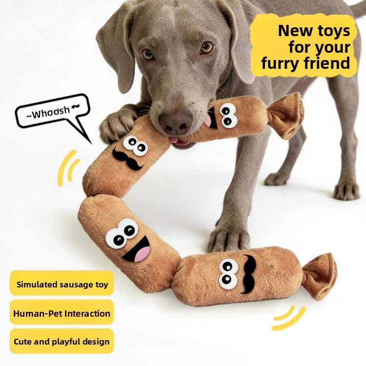 Dog pressing the plush sausage toy with a paw, with a whoosh bubble and sound icons around it