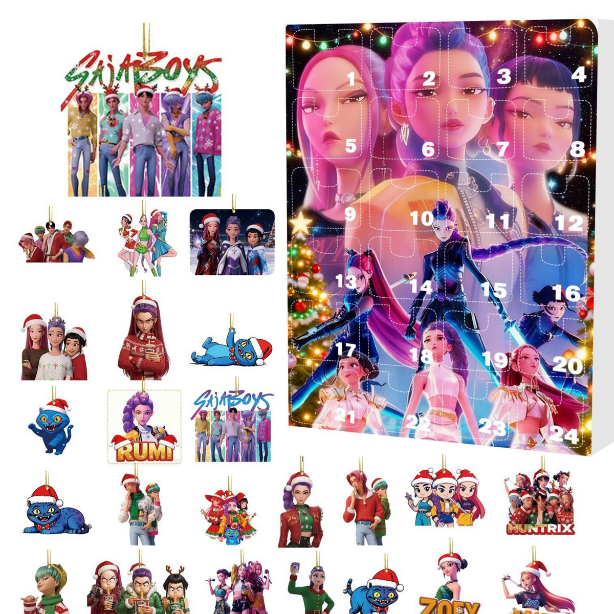 Advent calendar cover with pink and purple neon lighting and three characters beside 24 festive ornaments