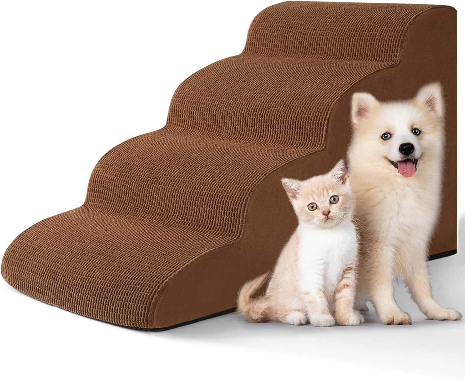 Non slip foam pet stairs shown beside furniture, gentle rise between treads for cats and small dogs