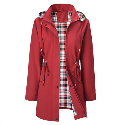 Red women's hooded windbreaker with a tartan lining shown open at the front