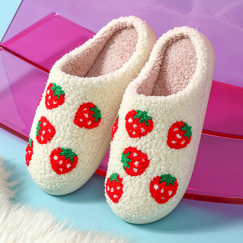 Cream plush slippers with tufted red strawberries, size 40-41 option