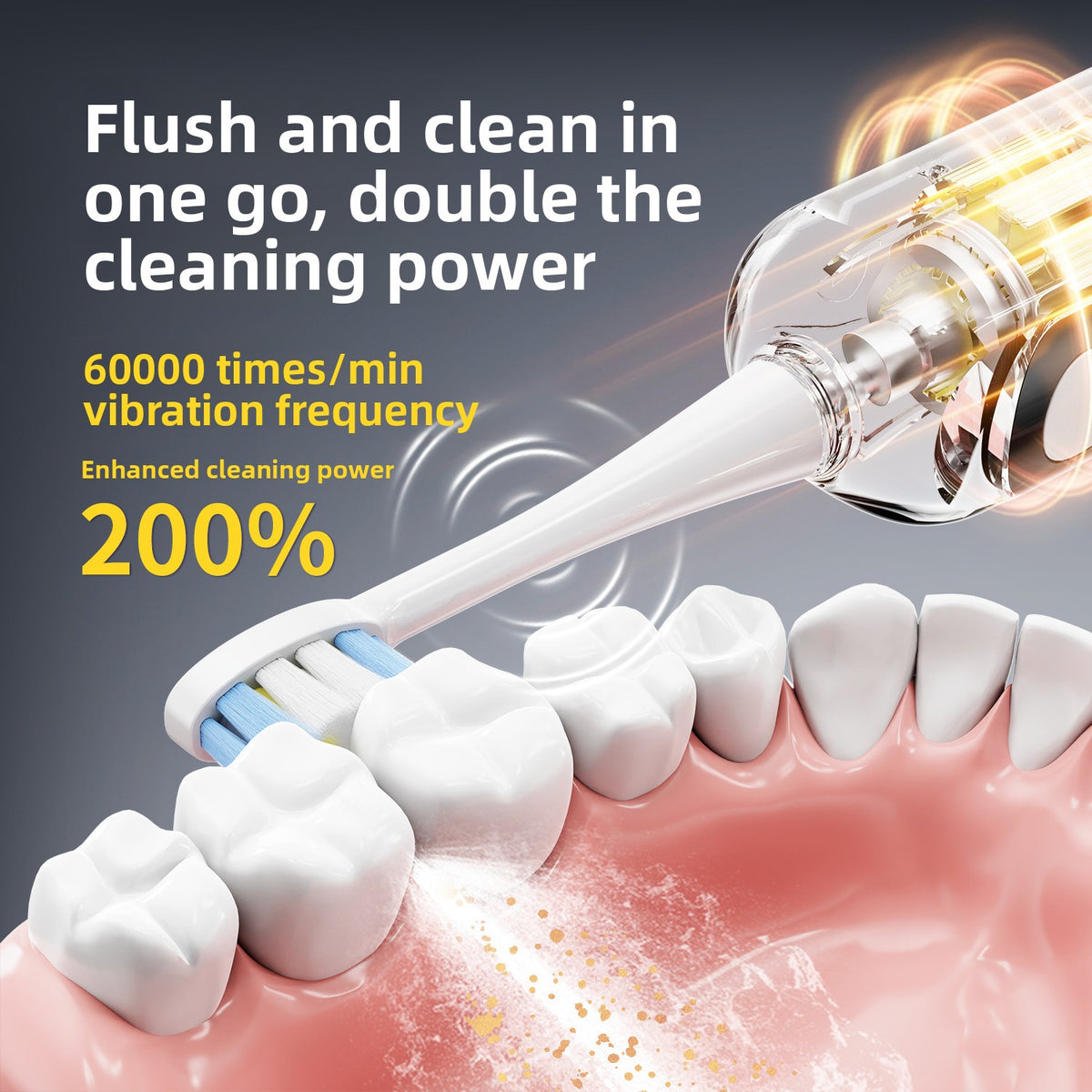 Close up of the sonic brush head cleaning teeth at about 60000 strokes per minute