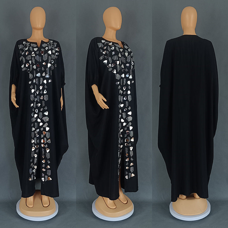 Black kaftan maxi dress with mirrored applique down the centre front, Black option photo