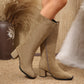 Womens knee high pointed toe block heel boots in soft faux suede with an inner side zip