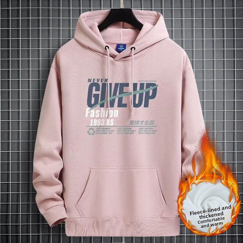 Pink fleece-lined hooded sweatshirt with a NEVER GIVE UP graphic and front pocket, size 4XL option