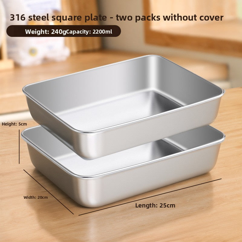 Two steel food trays without lids, labelled 25 by 20 by 5 cm and 2200 ml