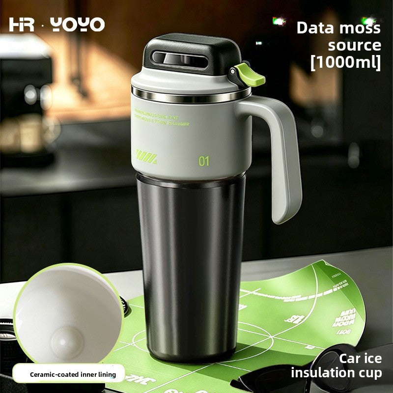 Cream and green insulated travel mug beside an inset of its white ceramic coated inner lining