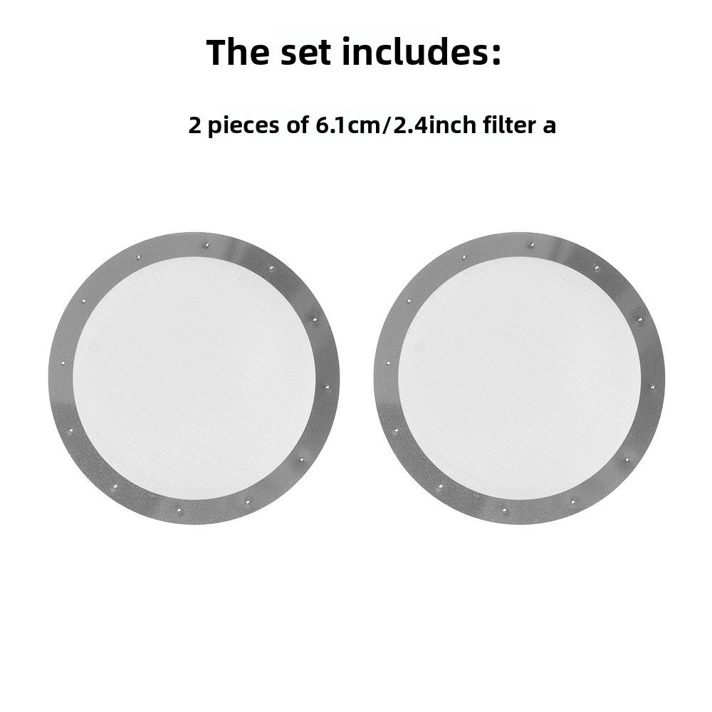 Two woven stainless steel coffee filter discs with metal rims, about 6.1 cm across