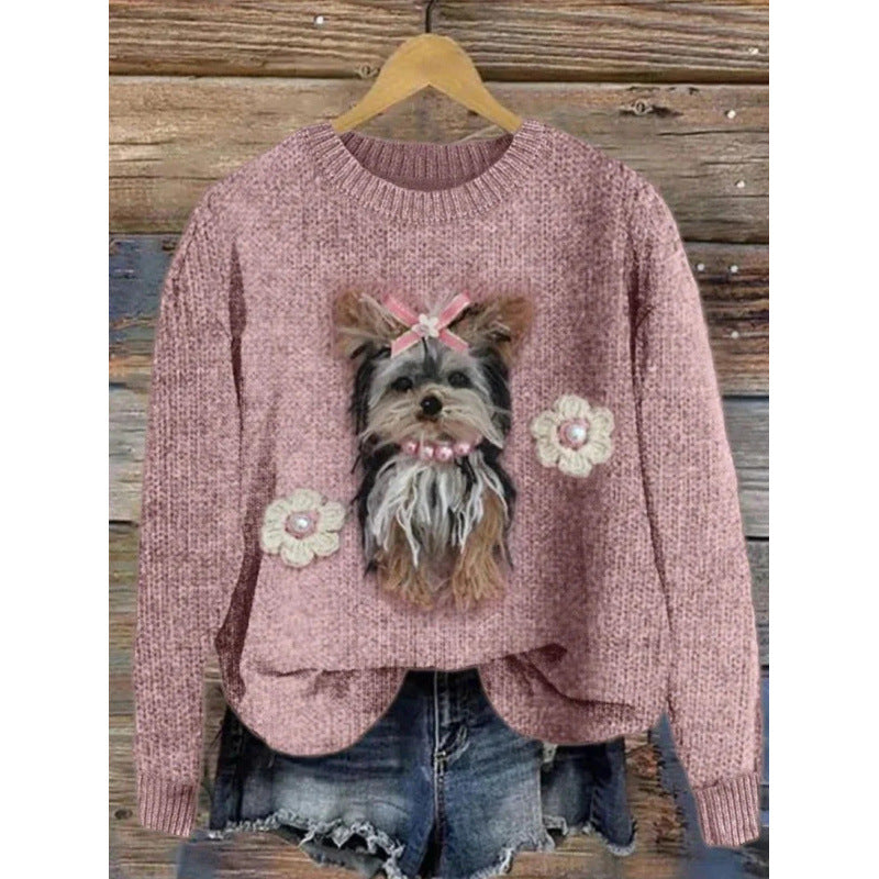 Mauve womens 3D print knit look pullover top with a Yorkshire terrier motif, product photo