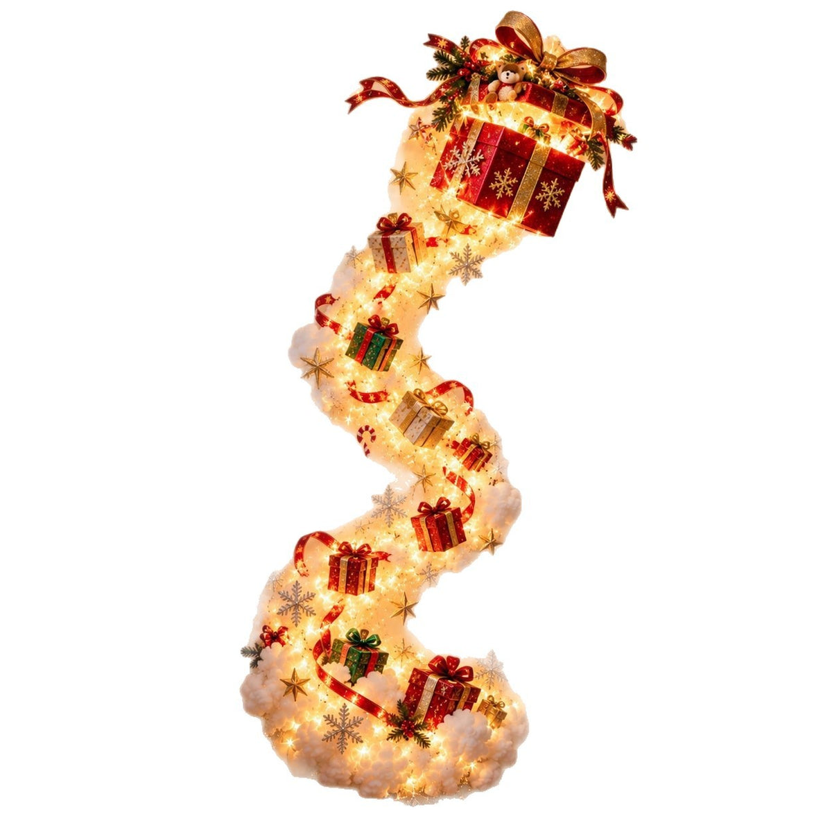 Illustrated Christmas gift box with a red ribbon on top of a winding trail of lights and small gifts on a white background