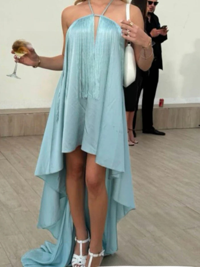 Jade Green sleeveless dress laid flat, showing the asymmetrical hem line top down