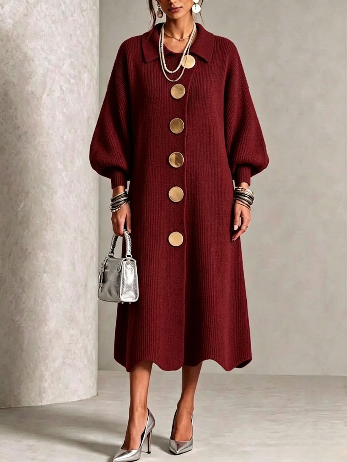 Wine Red option, size XL: long ribbed knit dress with polo collar, balloon sleeves and large gold-tone buttons