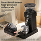Black electric burr coffee grinder with numbered grind collar and stainless dispensing spout