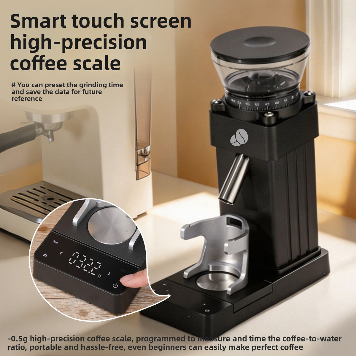 Black electric burr coffee grinder with numbered grind collar and stainless dispensing spout