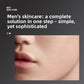 Close view of a man's cheek and lips beside the headline Men's skincare on a dark grey background