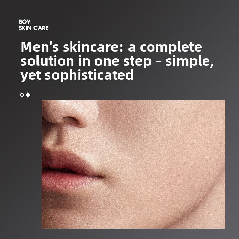Close view of a man's cheek and lips beside the headline Men's skincare on a dark grey background