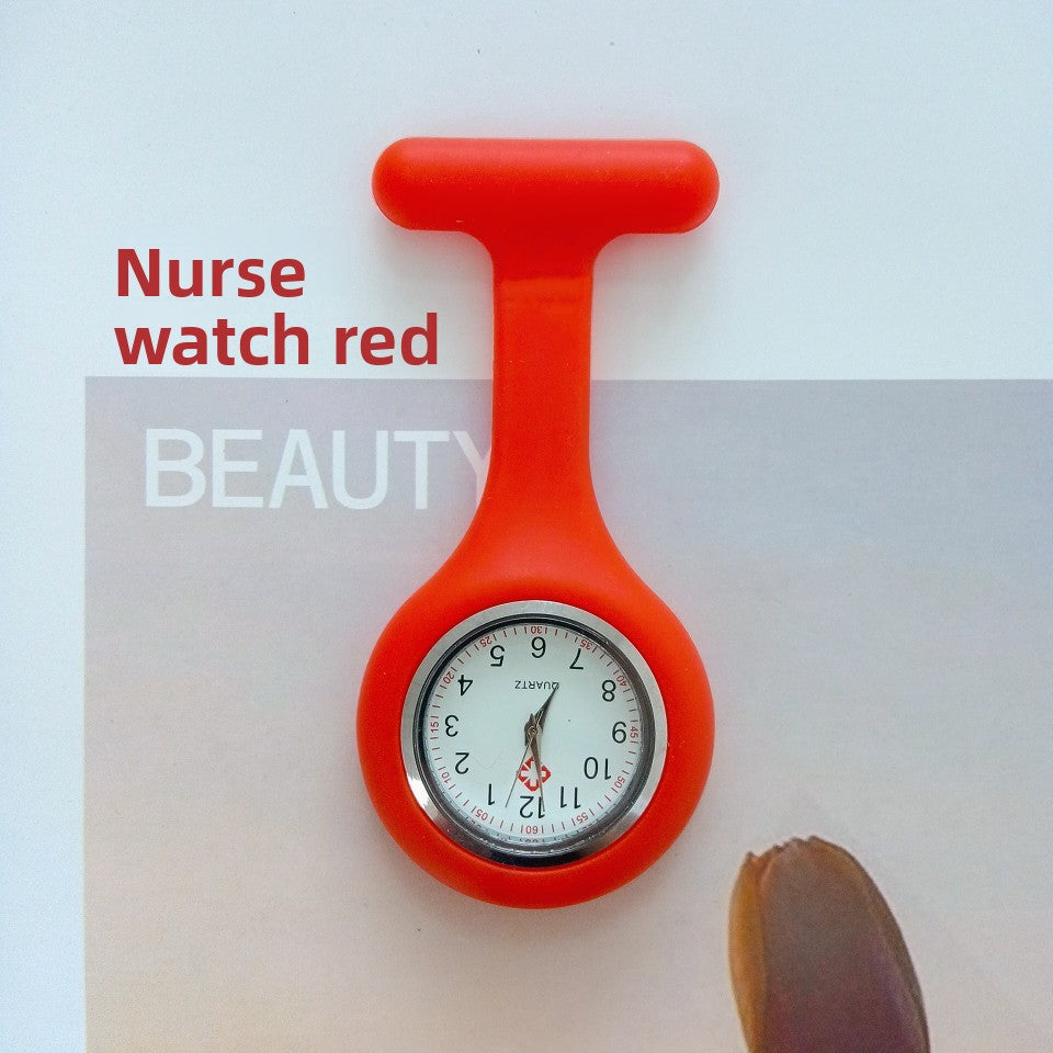 Black silicone nurse fob watch with a white analog dial and inner seconds ring