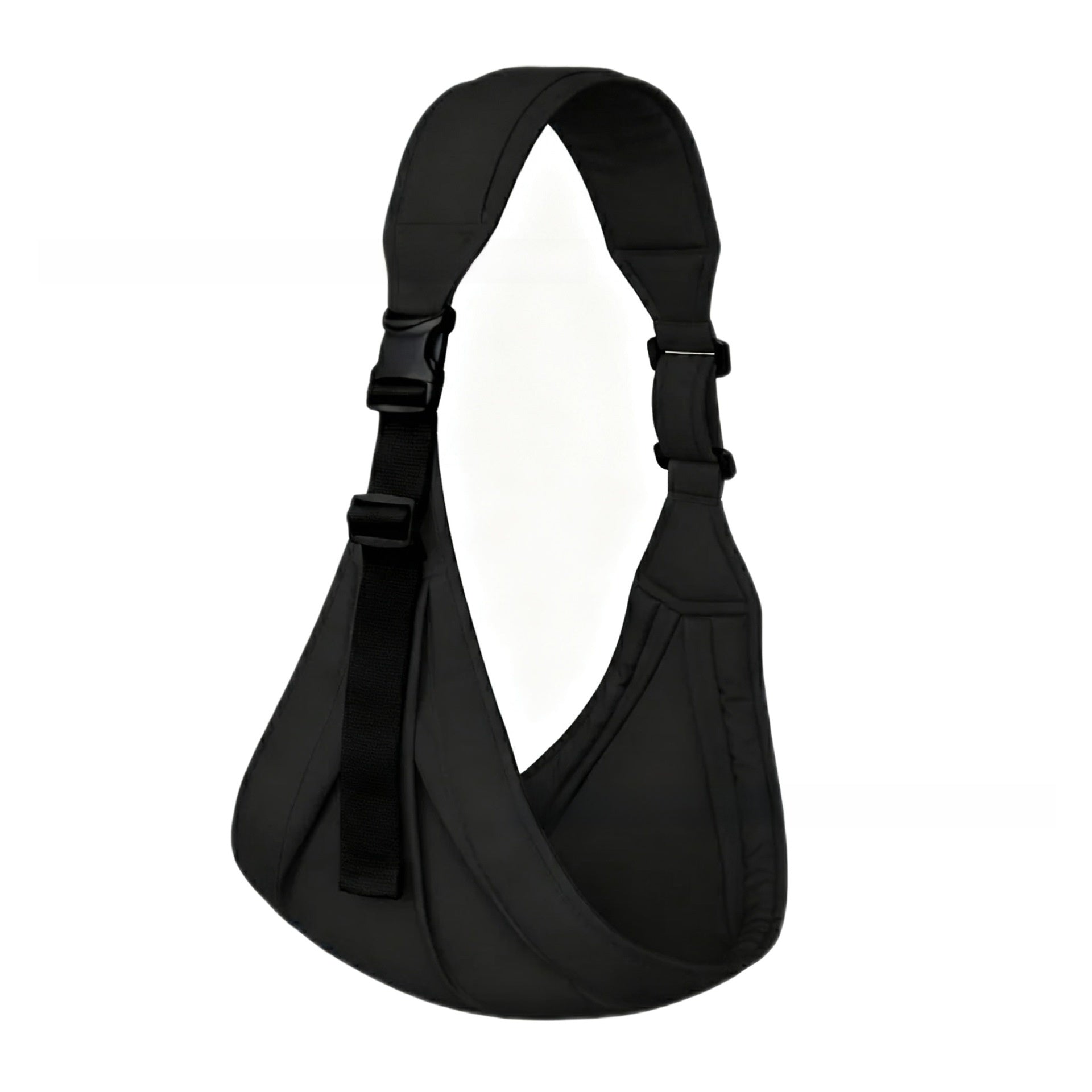 Printed one-shoulder baby sling carrier shown under soft studio light