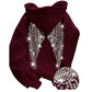 Burgundy hoodie back with sparkling rhinestone wings and a close-up of the stones
