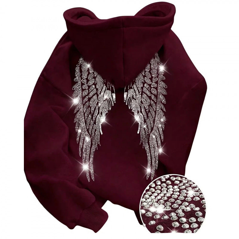 Burgundy hoodie back with sparkling rhinestone wings and a close-up of the stones