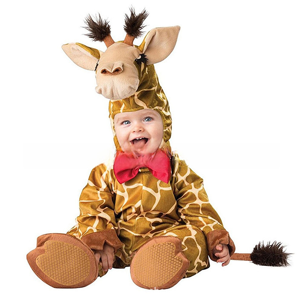 Baby in a giraffe costume with horns and a red bow, a gallery image of a design not offered in the options