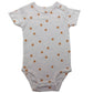 Baby short sleeve cotton bodysuit with a shoulder snap opening shown flat on a plain background