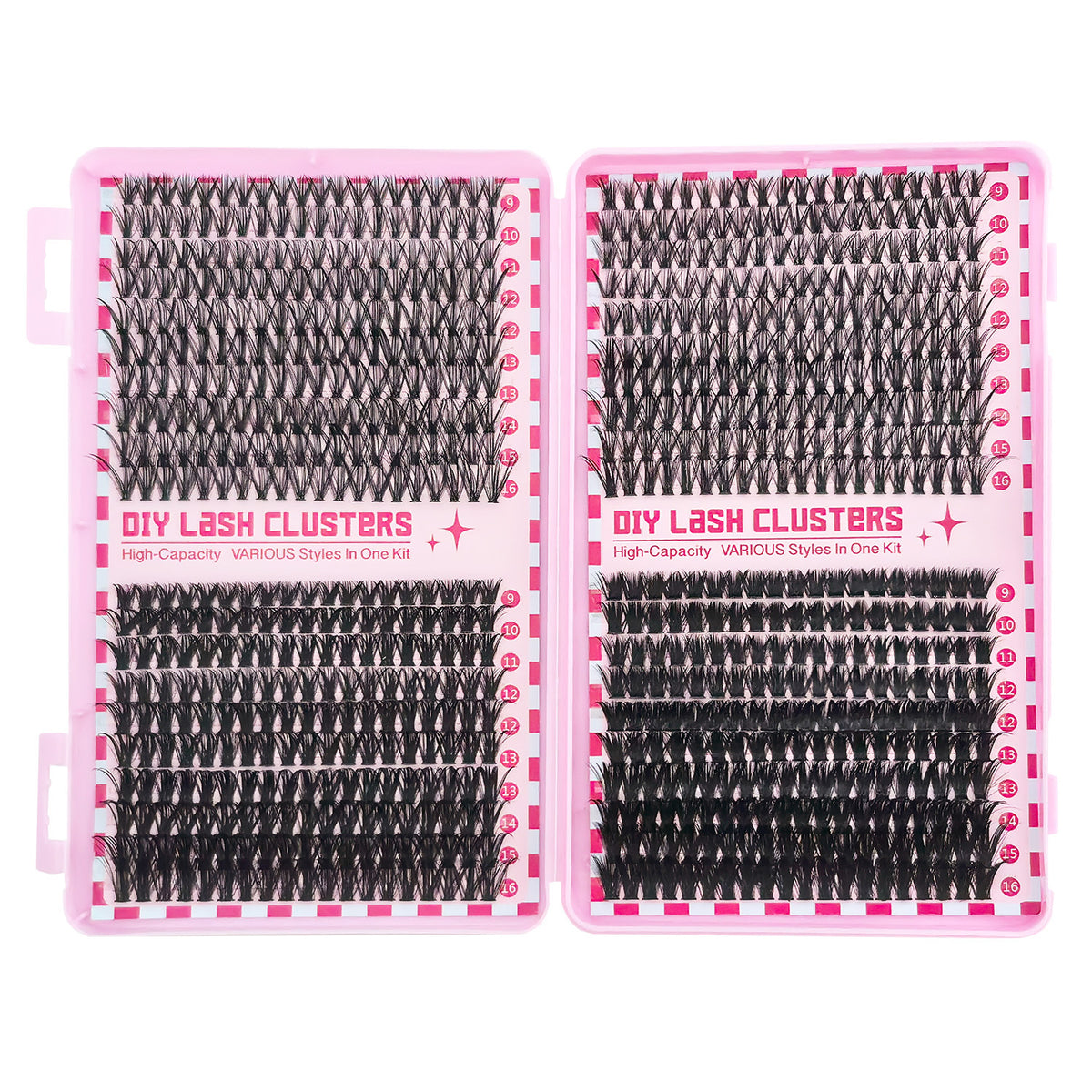 Tray of 660 cluster lashes shown open for do it yourself lash application