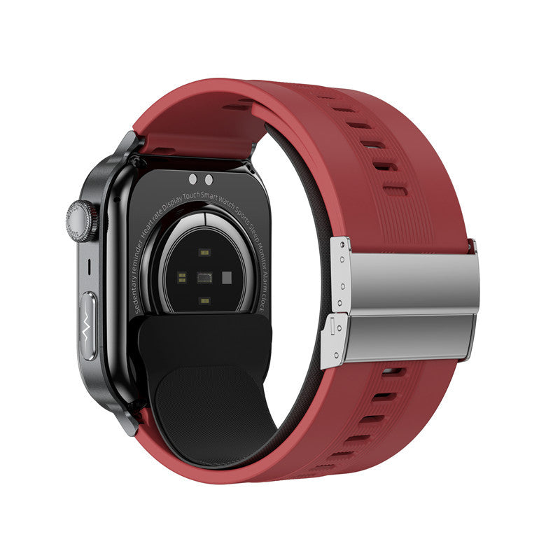 Silicone strap detail with stainless buckle on smart watch