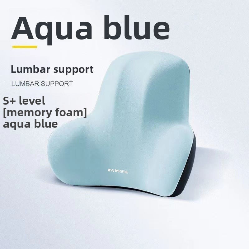 Back view of the contoured lumbar pad showing the strap and curved support