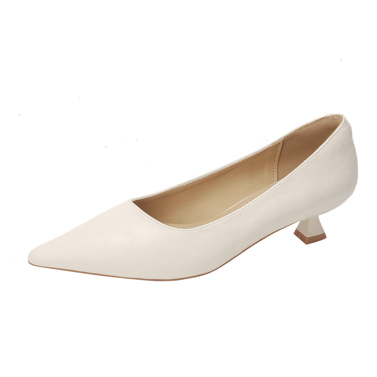 Cream pointed toe slip-on pump with a low flared heel on a white background, side view