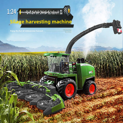 Green 1:24 remote control farm silage harvester toy with red wheels in a field scene